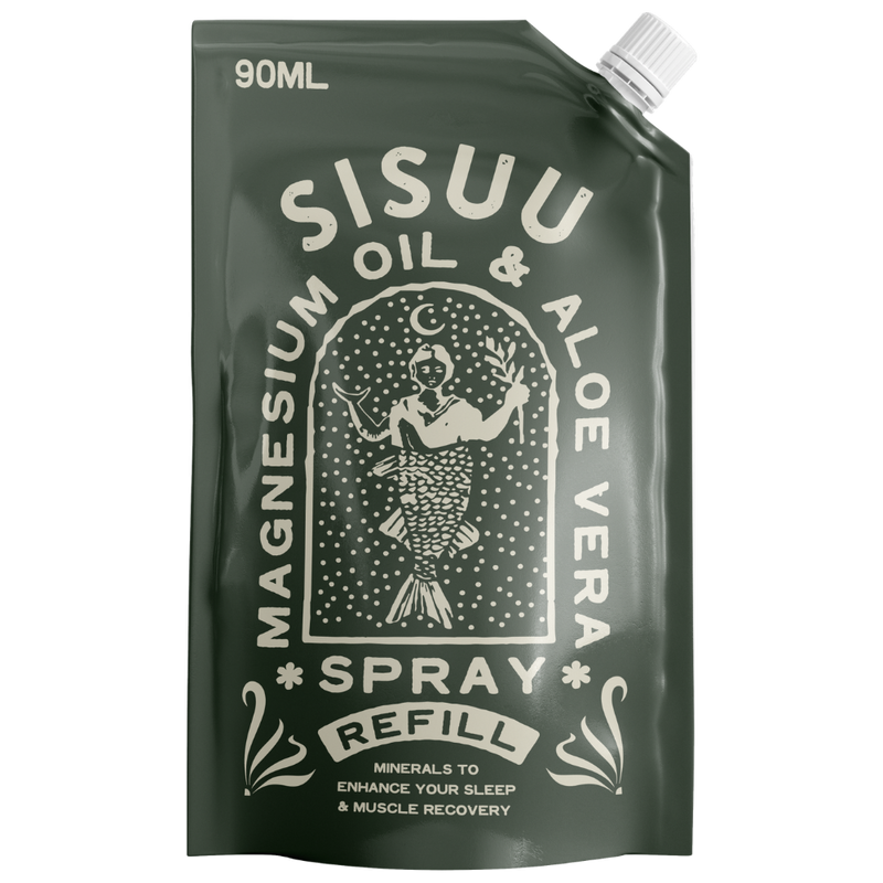 SISUU Magnesium Recovery Spray 90ml refill pouch in sage green with the mermaid illustration