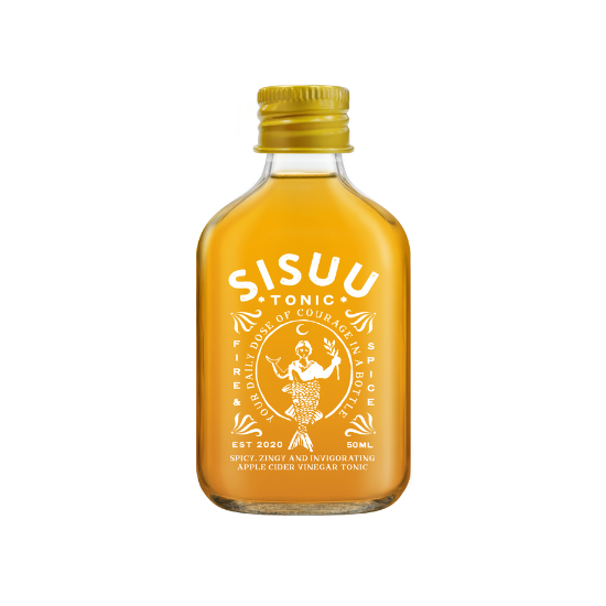 Sisuu tonic 50ml glass bottle with gold lid containing spicy apple cider vinegar fire and spice tonic on white background