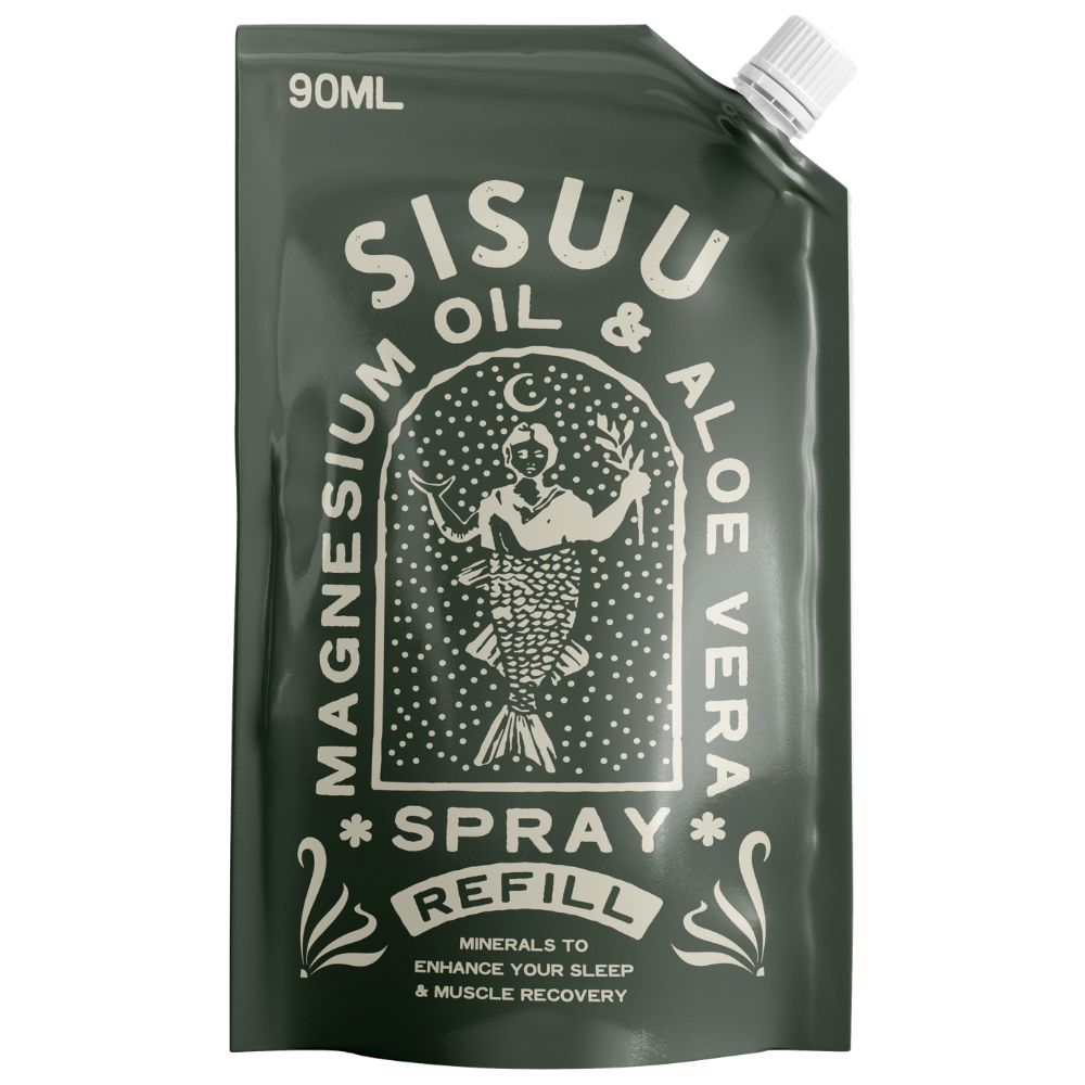 Sisuu magnesium oil and aloe vera spray refill pouch 90ml in sage green with mermaid illustration label on white backgroun