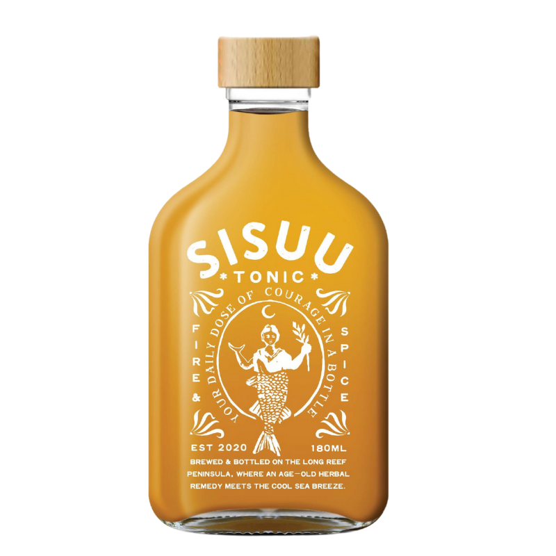 Sisuu fire and spice tonic 180ml amber glass bottle with timber lid and mermaid label on white background