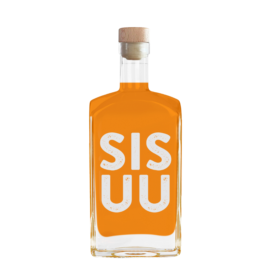 Sisuu tonic large clear glass bottle with cork lid and bold orange label on white background